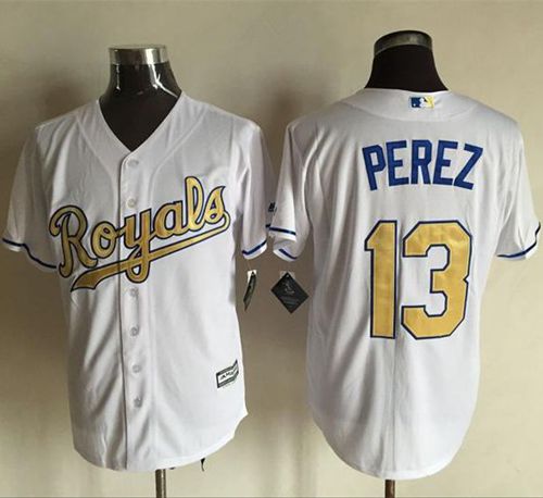 Royals #13 Salvador Perez White New Cool Base 2015 World Series Champions Gold Program Stitched MLB Jersey - Click Image to Close